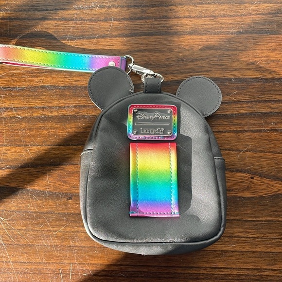 Loungelfy, Disney Parks, rainbow and black vinyl Mickey ear two-pocket wristlet - Picture 4 of 8